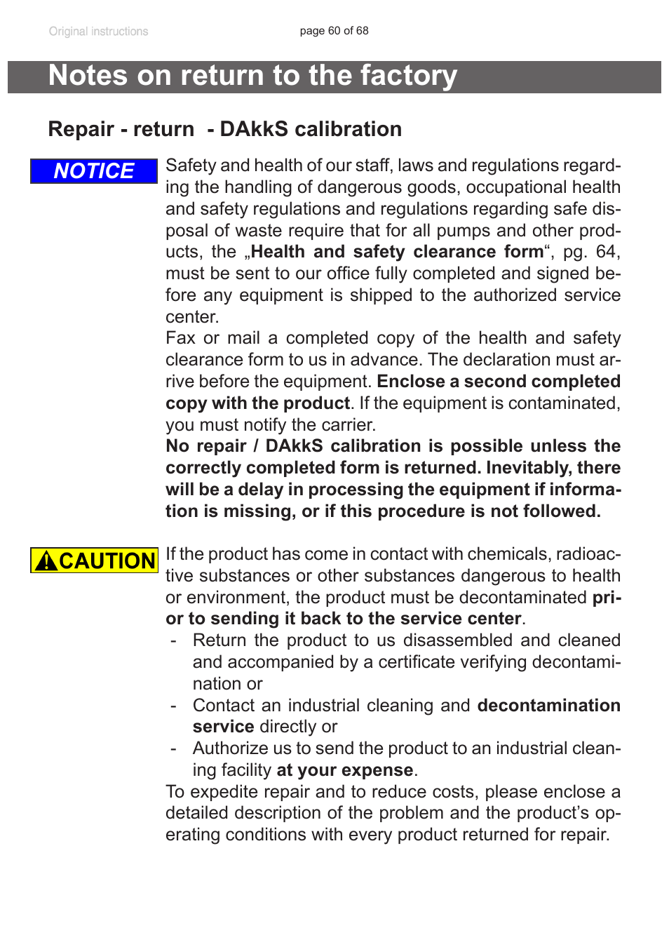 Notes on return to the factory, Repair - return - dakks calibration, Notice | VACUUBRAND MD 1 VARIO-SP User Manual | Page 60 / 68