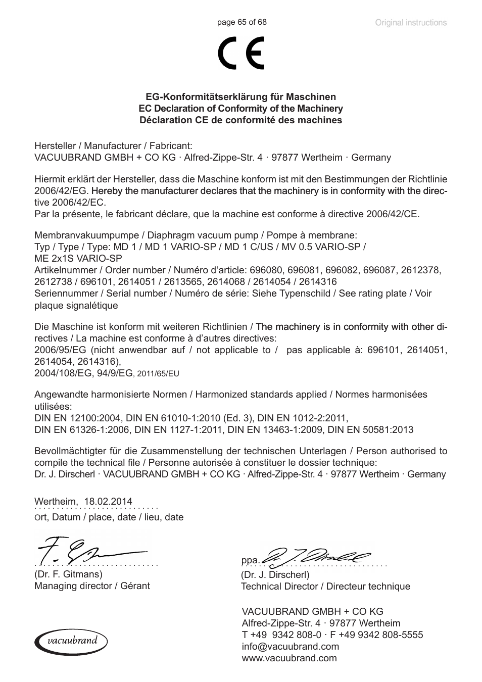 Ec declaration of conformity of the machinery | VACUUBRAND MD 1 VARIO-SP User Manual | Page 65 / 68