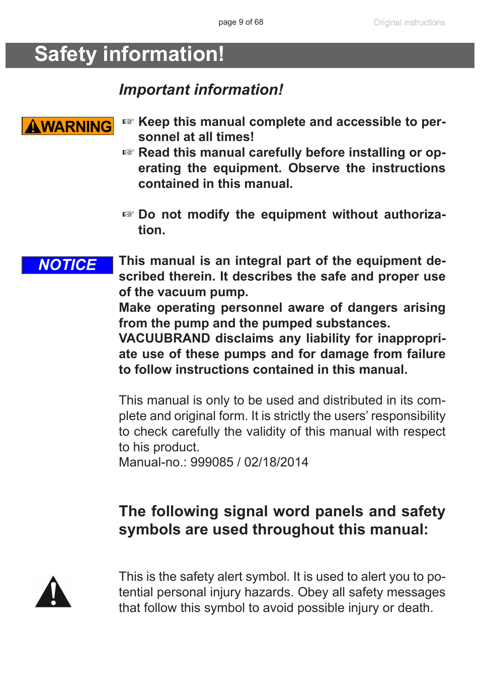 Safety information, Important information, Notice | VACUUBRAND MD 1 VARIO-SP User Manual | Page 9 / 68