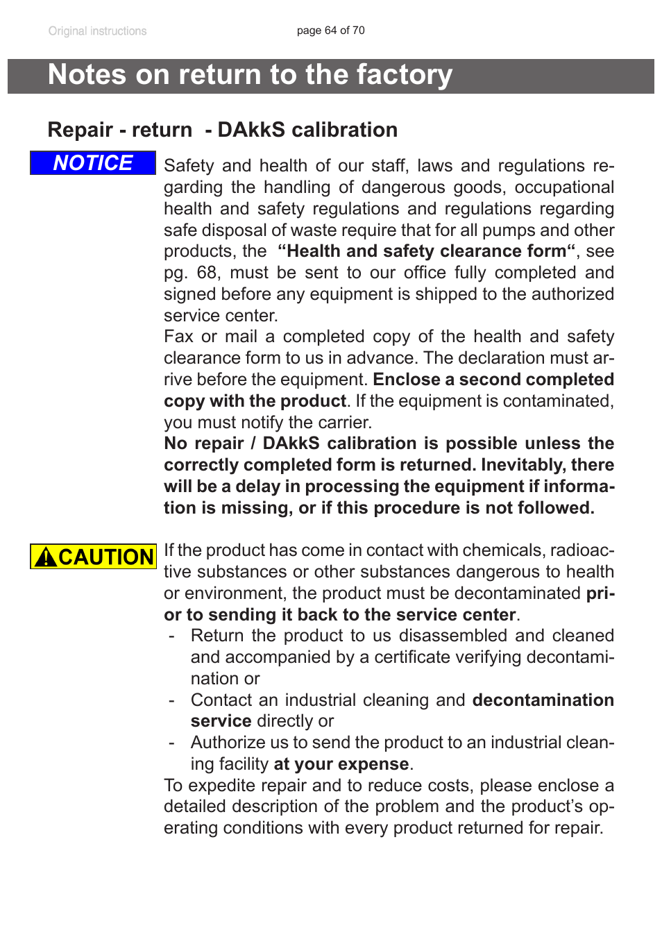 Notes on return to the factory, Repair - return - dakks calibration, Notice | VACUUBRAND MV 10 NT User Manual | Page 64 / 70