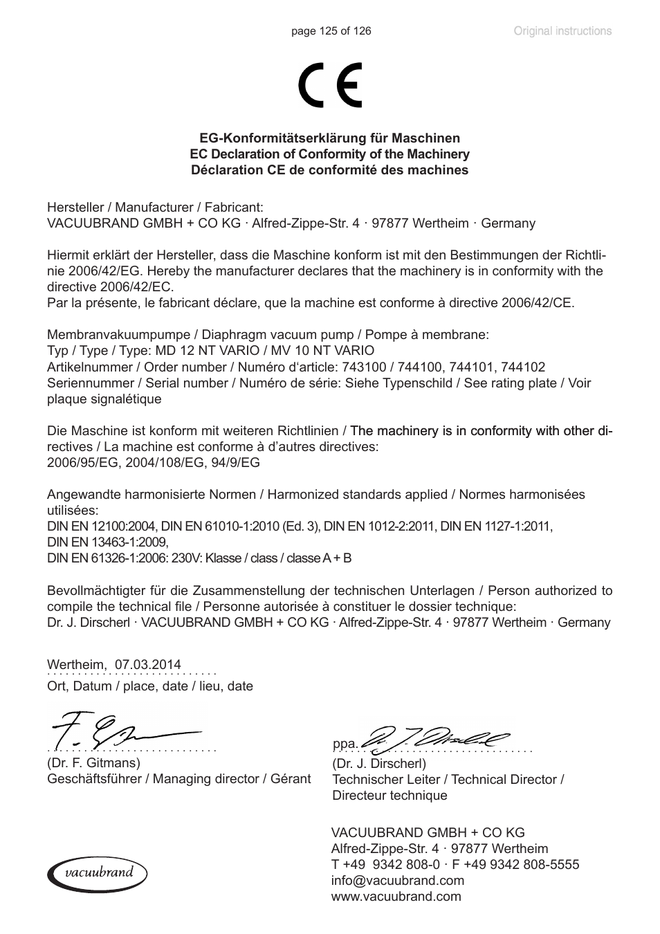 Ec declaration of conformity of the machinery | VACUUBRAND MV 10 NT VARIO User Manual | Page 125 / 126