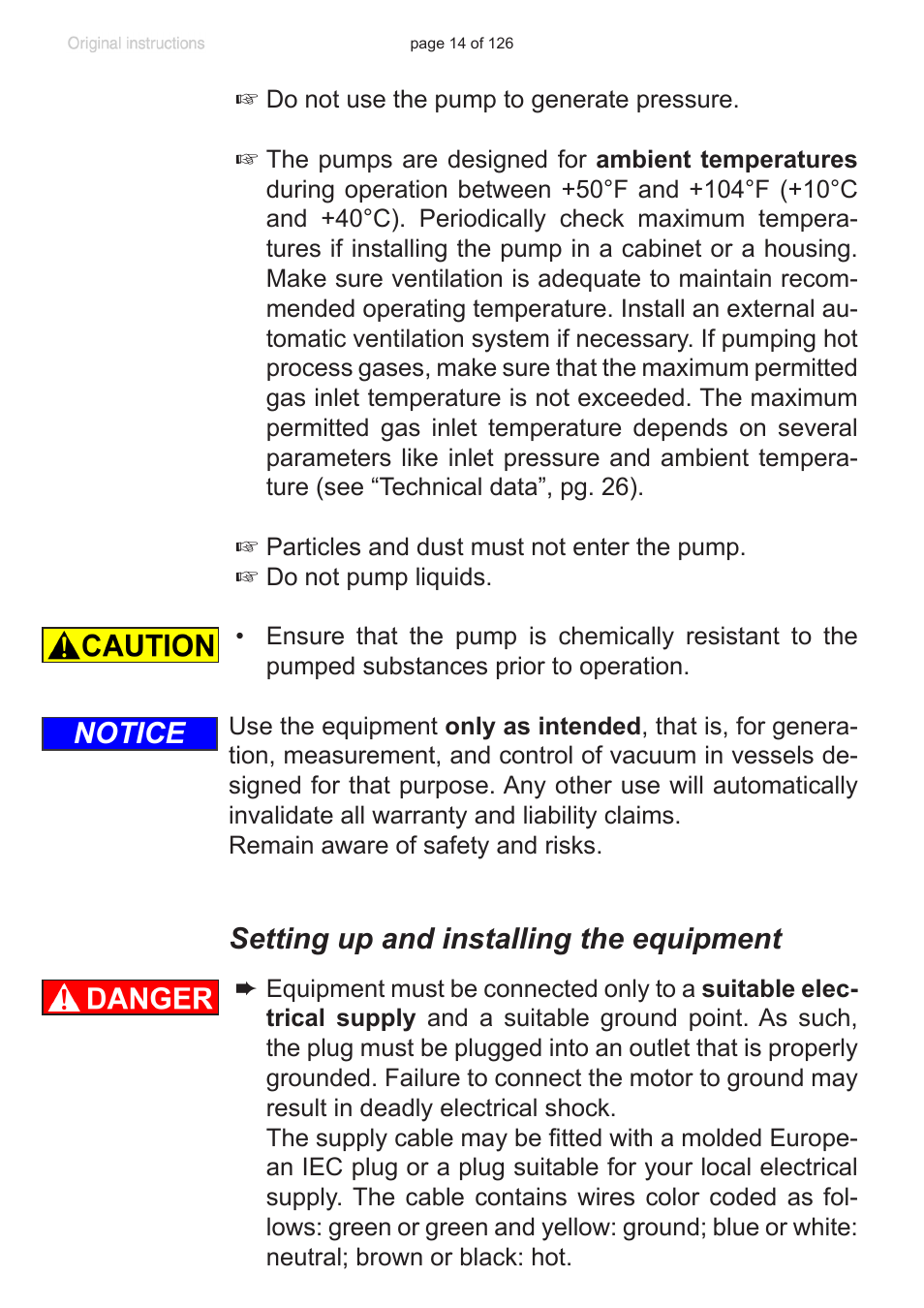 Setting up and installing the equipment, Notice | VACUUBRAND MV 10 NT VARIO User Manual | Page 14 / 126