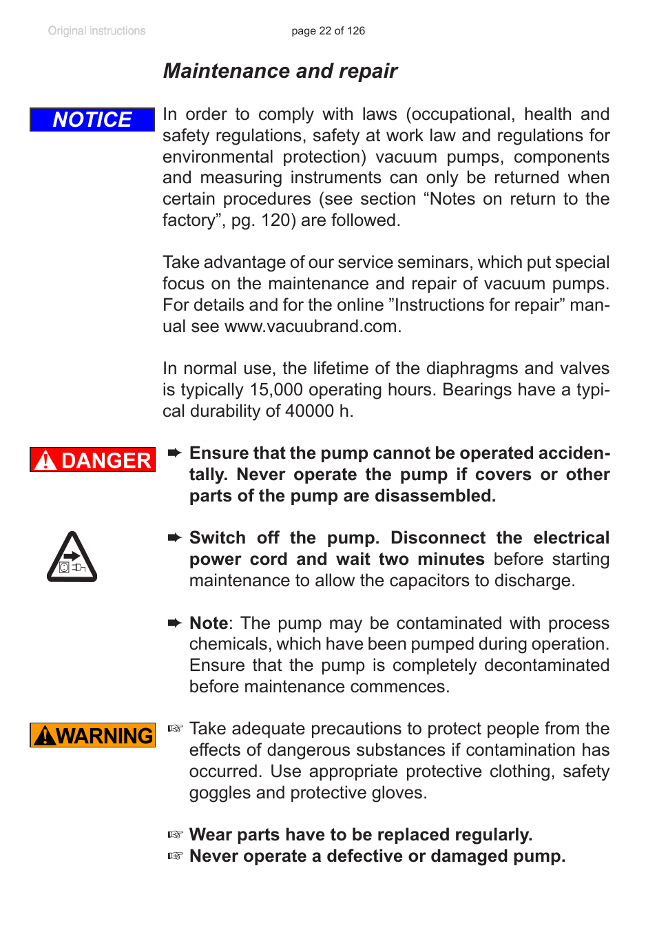 Maintenance and repair, Notice | VACUUBRAND MV 10 NT VARIO User Manual | Page 22 / 126