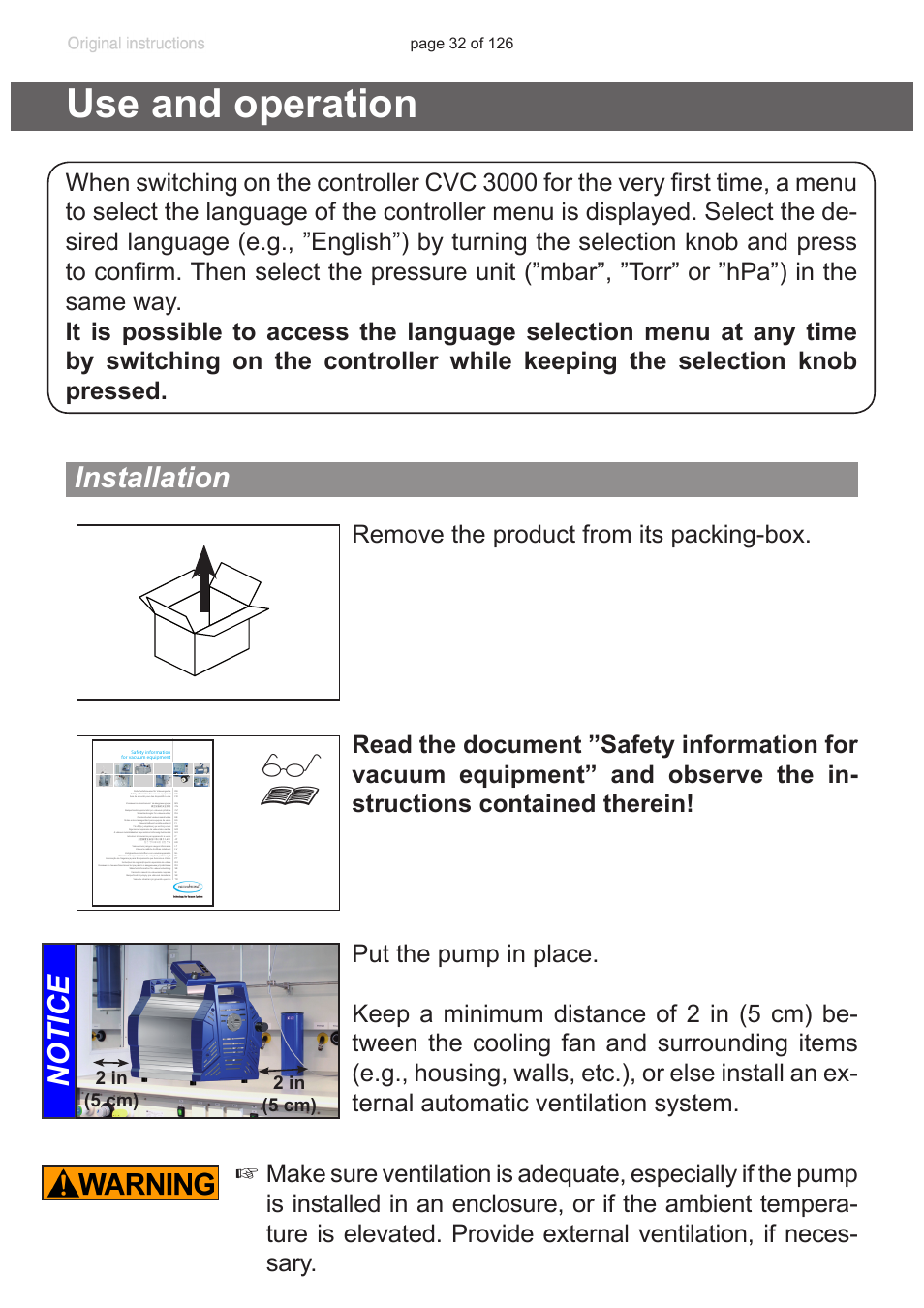 Use and operation, Installation, Notice | 2 in (5 cm) 2 in (5 cm) | VACUUBRAND MV 10 NT VARIO User Manual | Page 32 / 126