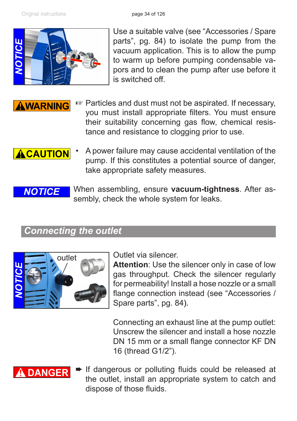 Connecting the outlet, Notice, Notice connecting the outlet notice | VACUUBRAND MV 10 NT VARIO User Manual | Page 34 / 126