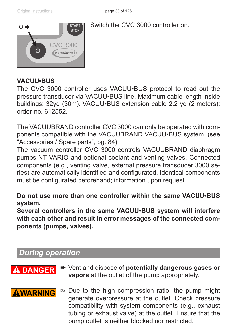 During operation | VACUUBRAND MV 10 NT VARIO User Manual | Page 38 / 126