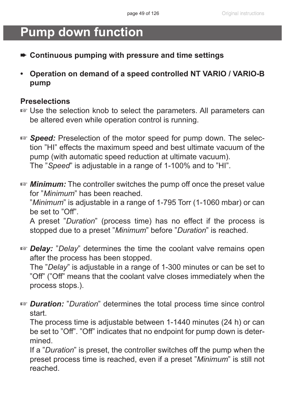 Pump down function | VACUUBRAND MV 10 NT VARIO User Manual | Page 49 / 126