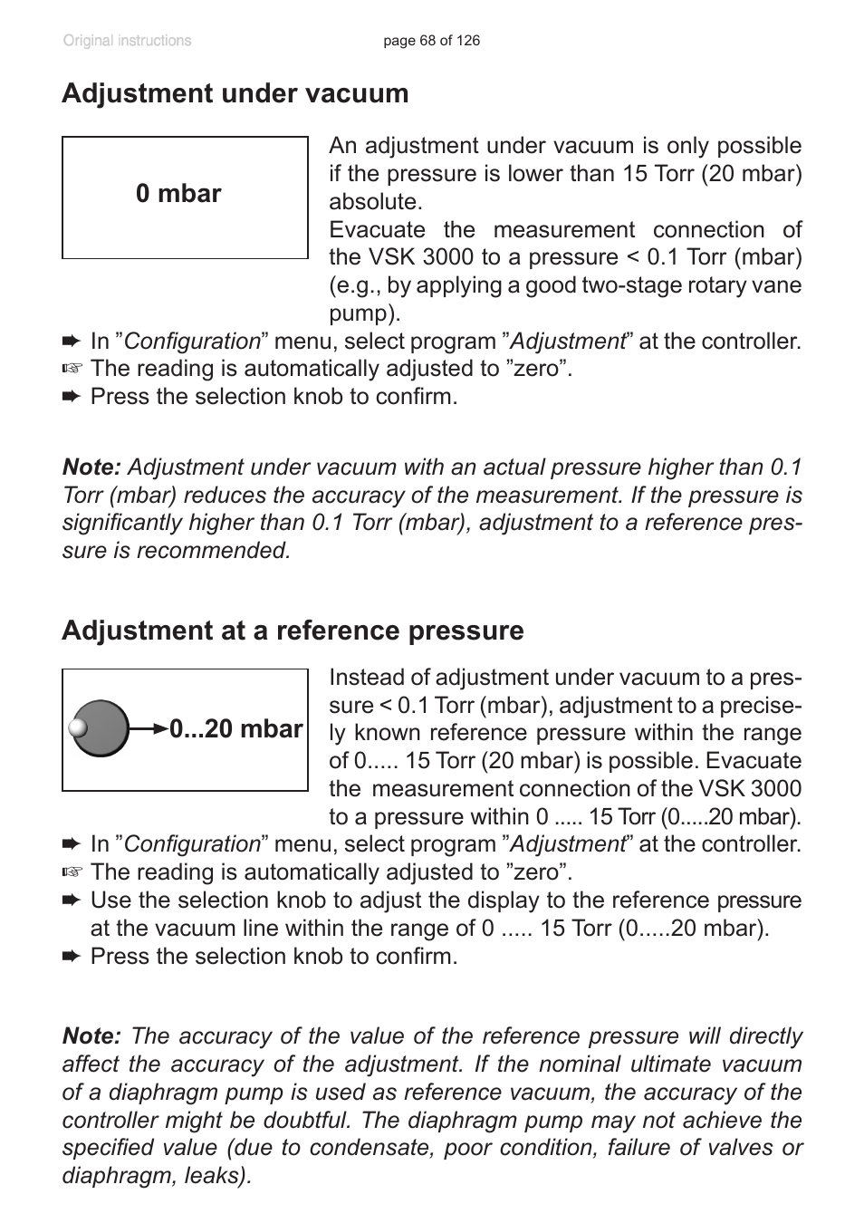 Adjustment under vacuum, Adjustment at a reference pressure | VACUUBRAND MV 10 NT VARIO User Manual | Page 68 / 126