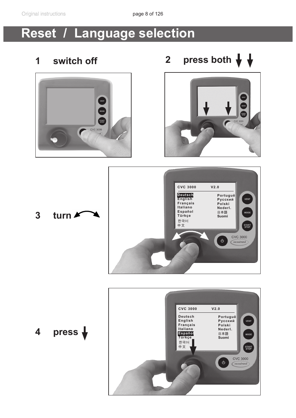 Reset / language selection, 1 switch off 2 press both 3 turn 4 press | VACUUBRAND MV 10 NT VARIO User Manual | Page 8 / 126