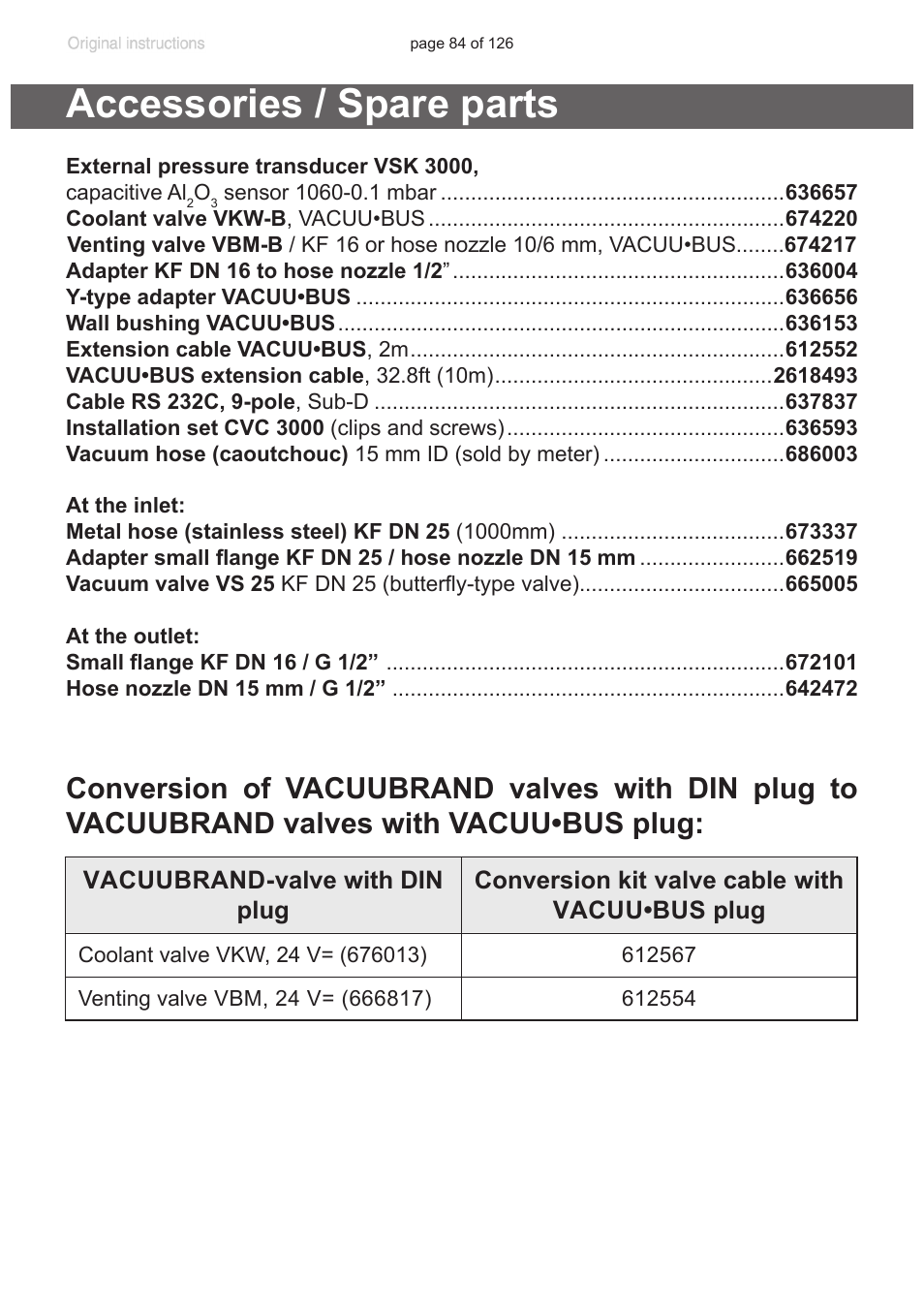 Accessories / spare parts, Use a suitable valve (see “accessories / spare, Parts”, pg. 84) to | Accessories, Spare parts”, pg. 84) | VACUUBRAND MV 10 NT VARIO User Manual | Page 84 / 126