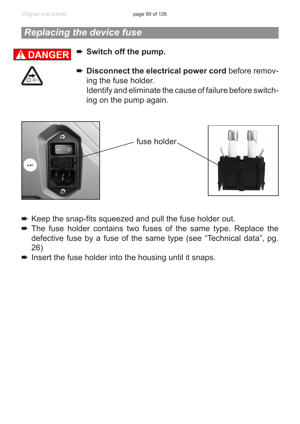 Replacing the device fuse | VACUUBRAND MV 10 NT VARIO User Manual | Page 90 / 126