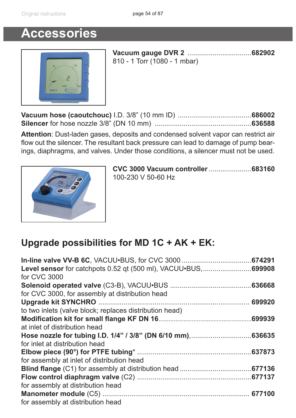 Accessories, Upgrade possibilities for md 1c + ak + ek | VACUUBRAND MD 1C VARIO-SP User Manual | Page 54 / 87