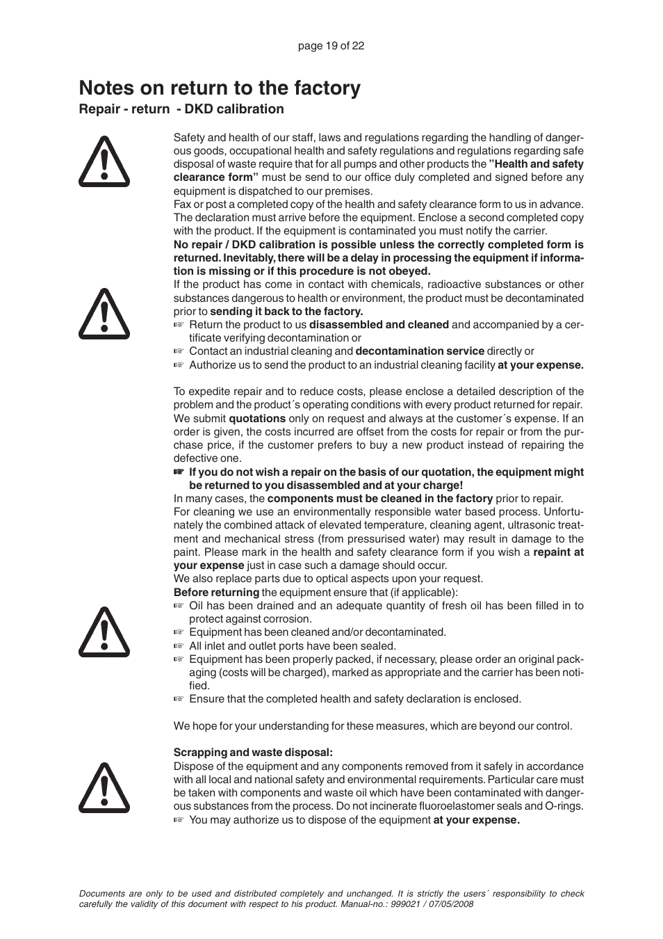 Notes on return to the factory | VACUUBRAND MZ 4 User Manual | Page 19 / 22
