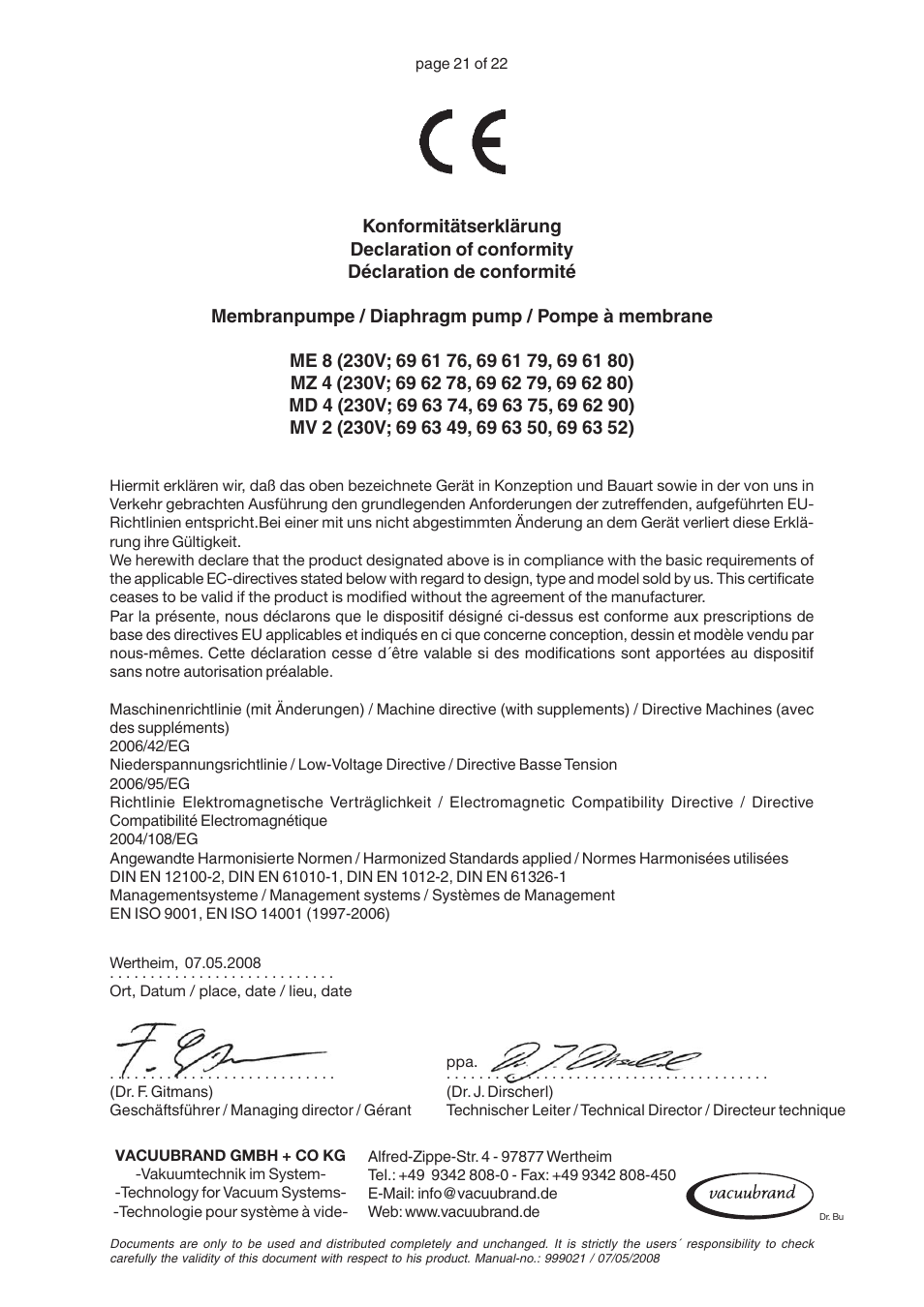 VACUUBRAND MZ 4 User Manual | Page 21 / 22