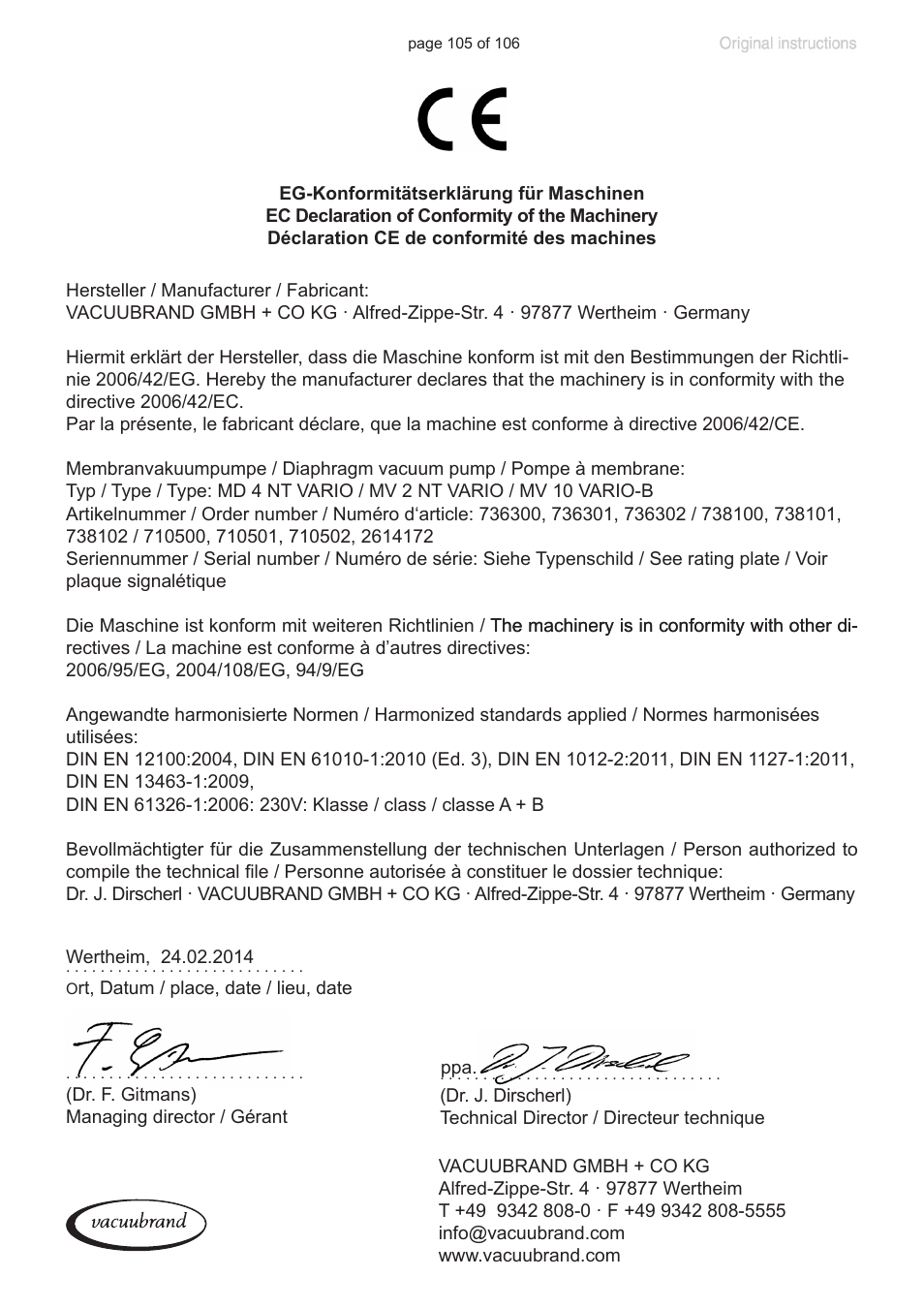 Ec declaration of conformity of the machinery | VACUUBRAND MV 2 NT VARIO User Manual | Page 105 / 106
