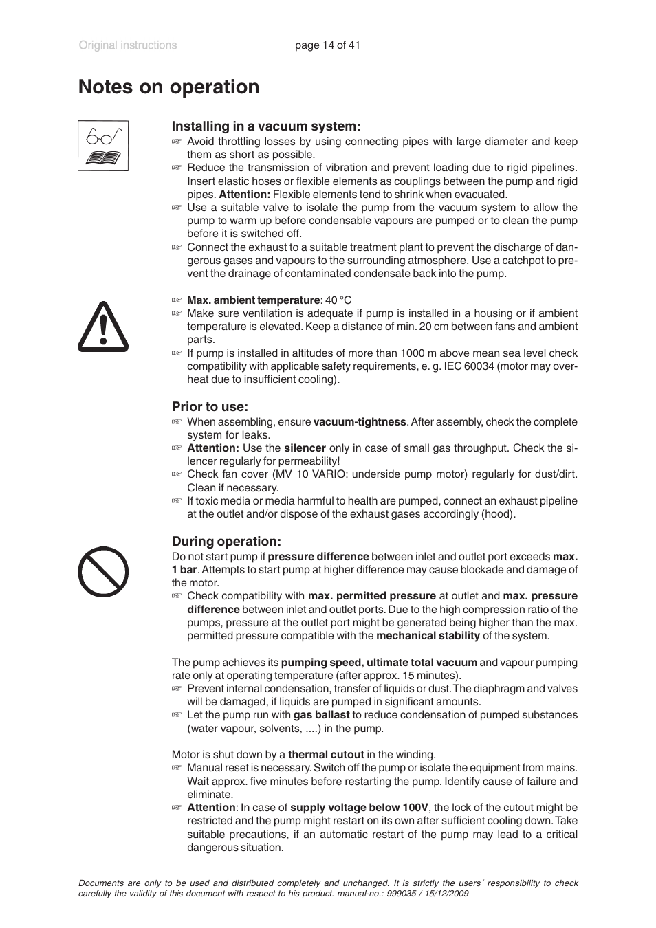 Notes on operation | VACUUBRAND MV 2 VARIO User Manual | Page 14 / 41