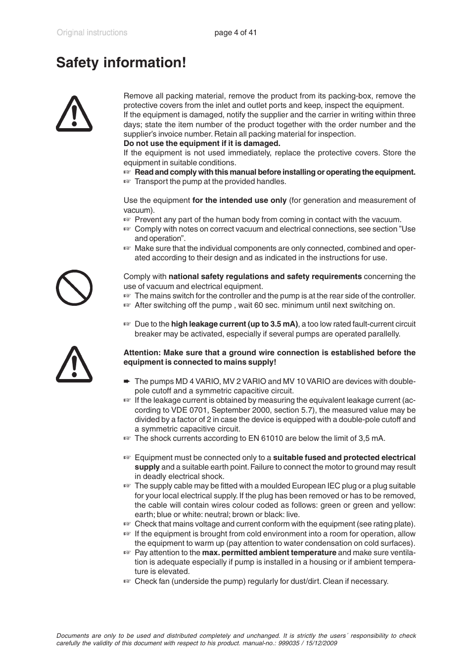 Safety information | VACUUBRAND MV 2 VARIO User Manual | Page 4 / 41