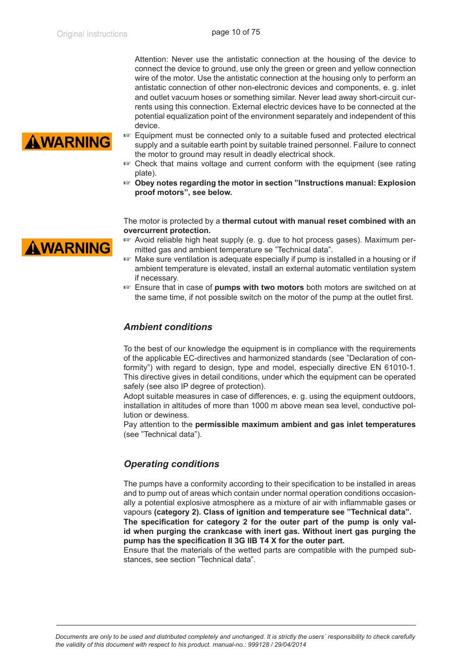 Ambient conditions, Operating conditions | VACUUBRAND MZ 2C EX +IK+EK User Manual | Page 10 / 75