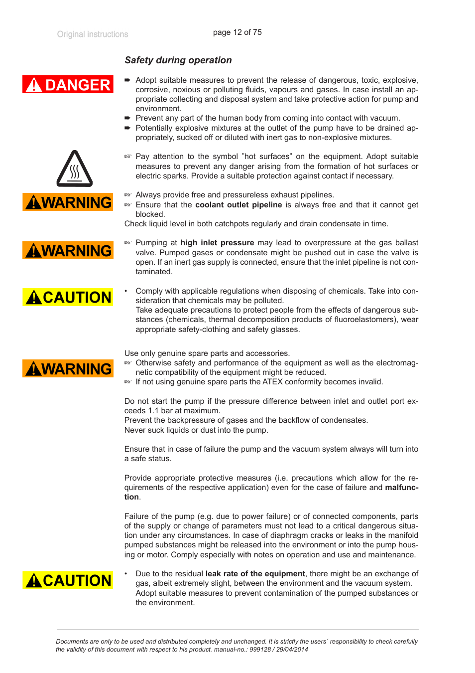 Safety during operation | VACUUBRAND MZ 2C EX +IK+EK User Manual | Page 12 / 75