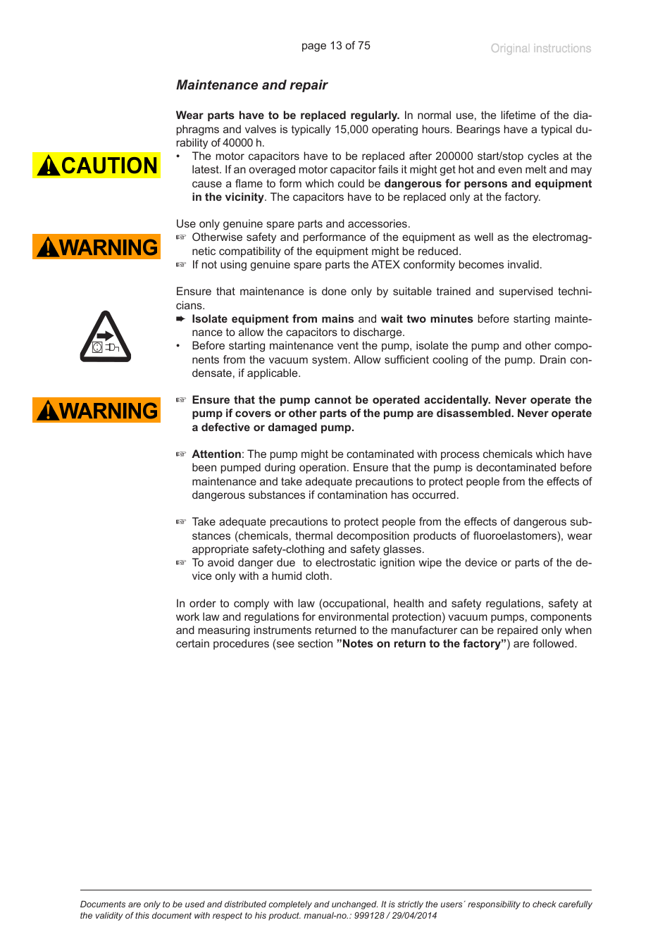 Maintenance and repair | VACUUBRAND MZ 2C EX +IK+EK User Manual | Page 13 / 75