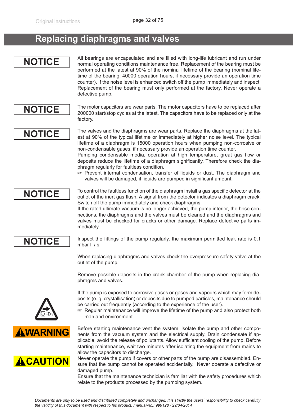 Replacing diaphragms and valves, Notice | VACUUBRAND MZ 2C EX +IK+EK User Manual | Page 32 / 75