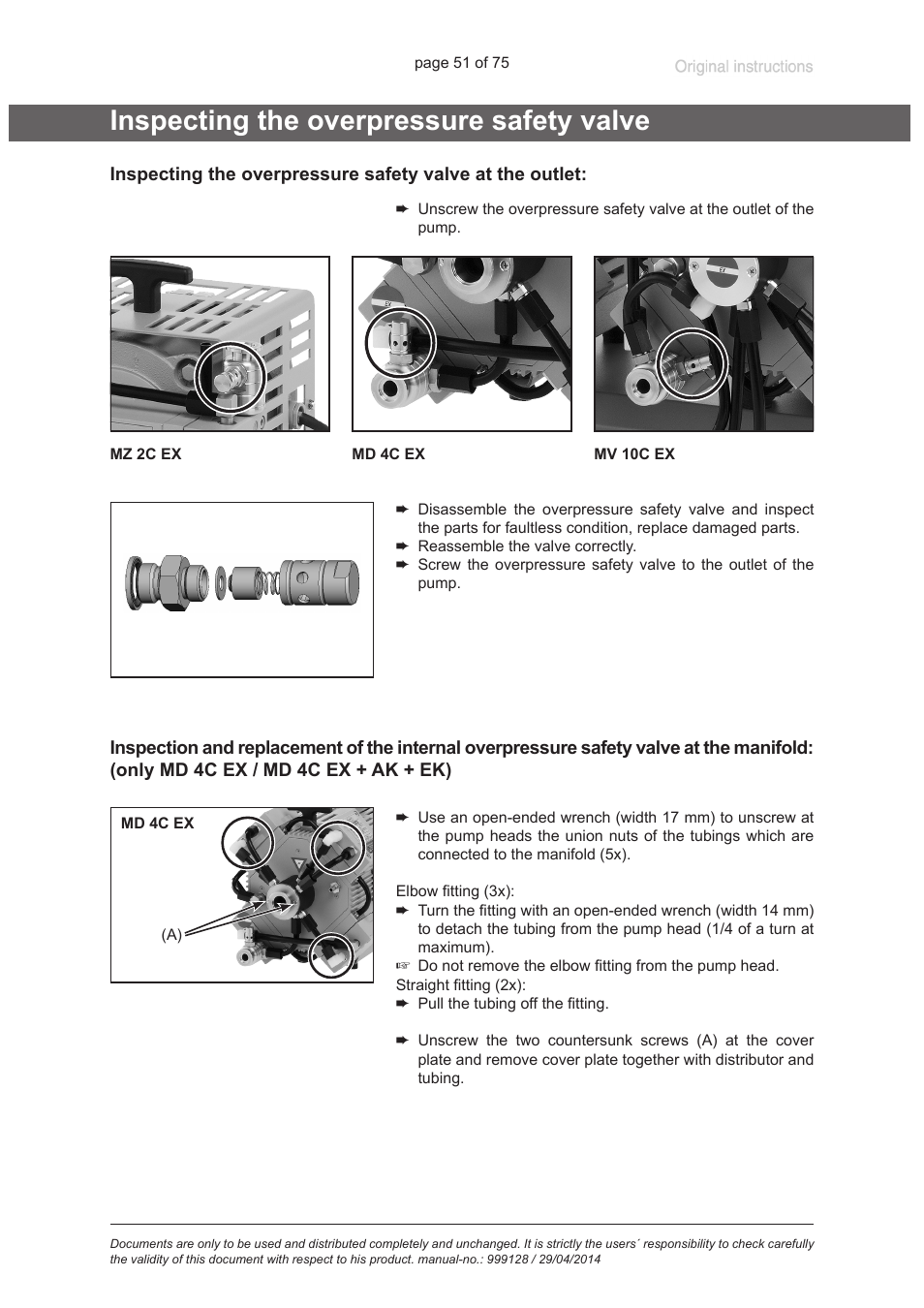 Inspecting the overpressure safety valve | VACUUBRAND MZ 2C EX +IK+EK User Manual | Page 51 / 75