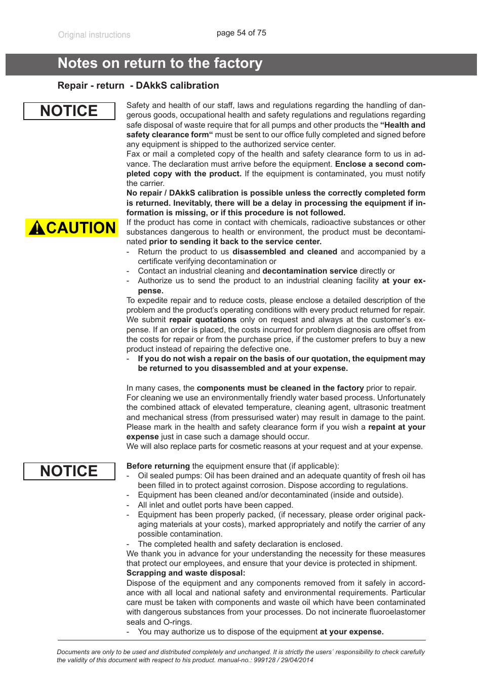 Notes on return to the factory, Notice | VACUUBRAND MZ 2C EX +IK+EK User Manual | Page 54 / 75