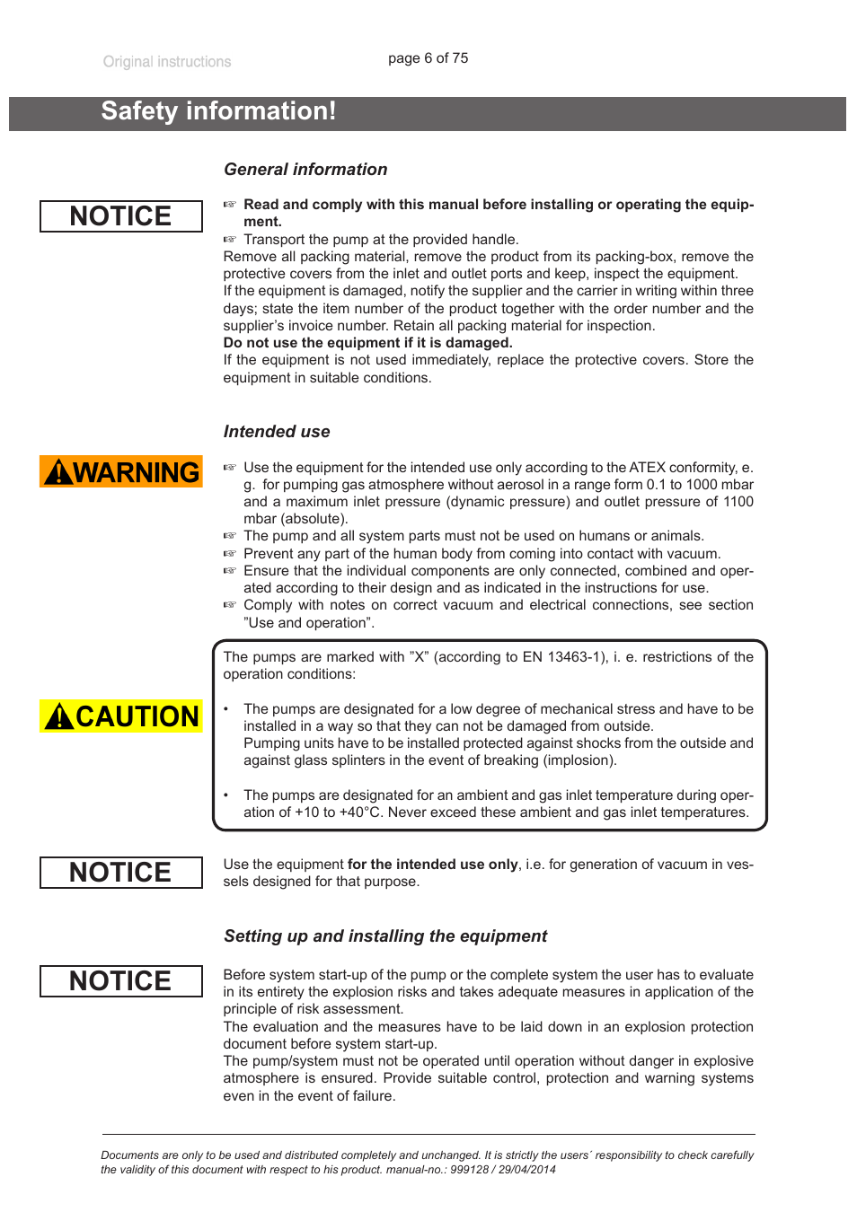 Safety information, General information, Intended use | Setting up and installing the equipment, Notice | VACUUBRAND MZ 2C EX +IK+EK User Manual | Page 6 / 75