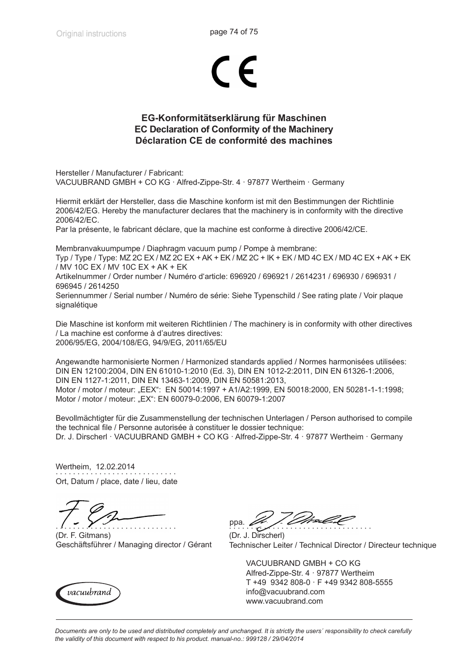 Ec declaration of conformity of the machinery | VACUUBRAND MZ 2C EX +IK+EK User Manual | Page 74 / 75