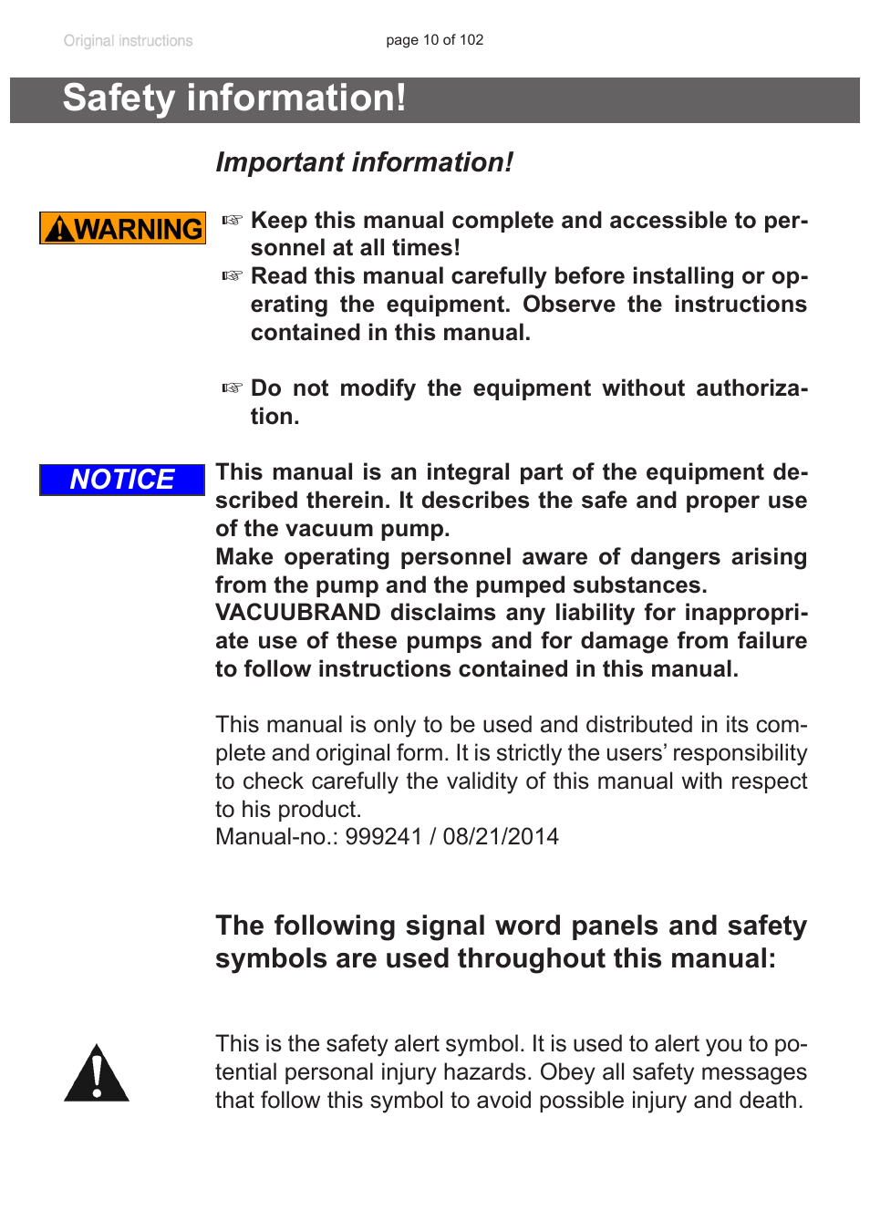 Safety information, Important information, Notice | VACUUBRAND MZ 1C User Manual | Page 10 / 102