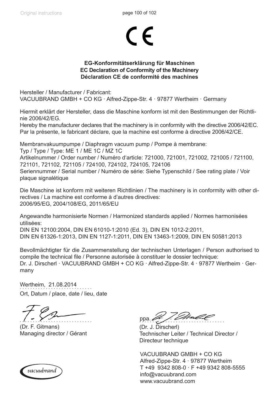 Ec declaration of conformity of the machinery | VACUUBRAND MZ 1C User Manual | Page 100 / 102