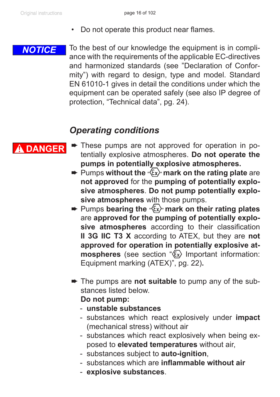 Operating conditions, Notice | VACUUBRAND MZ 1C User Manual | Page 16 / 102