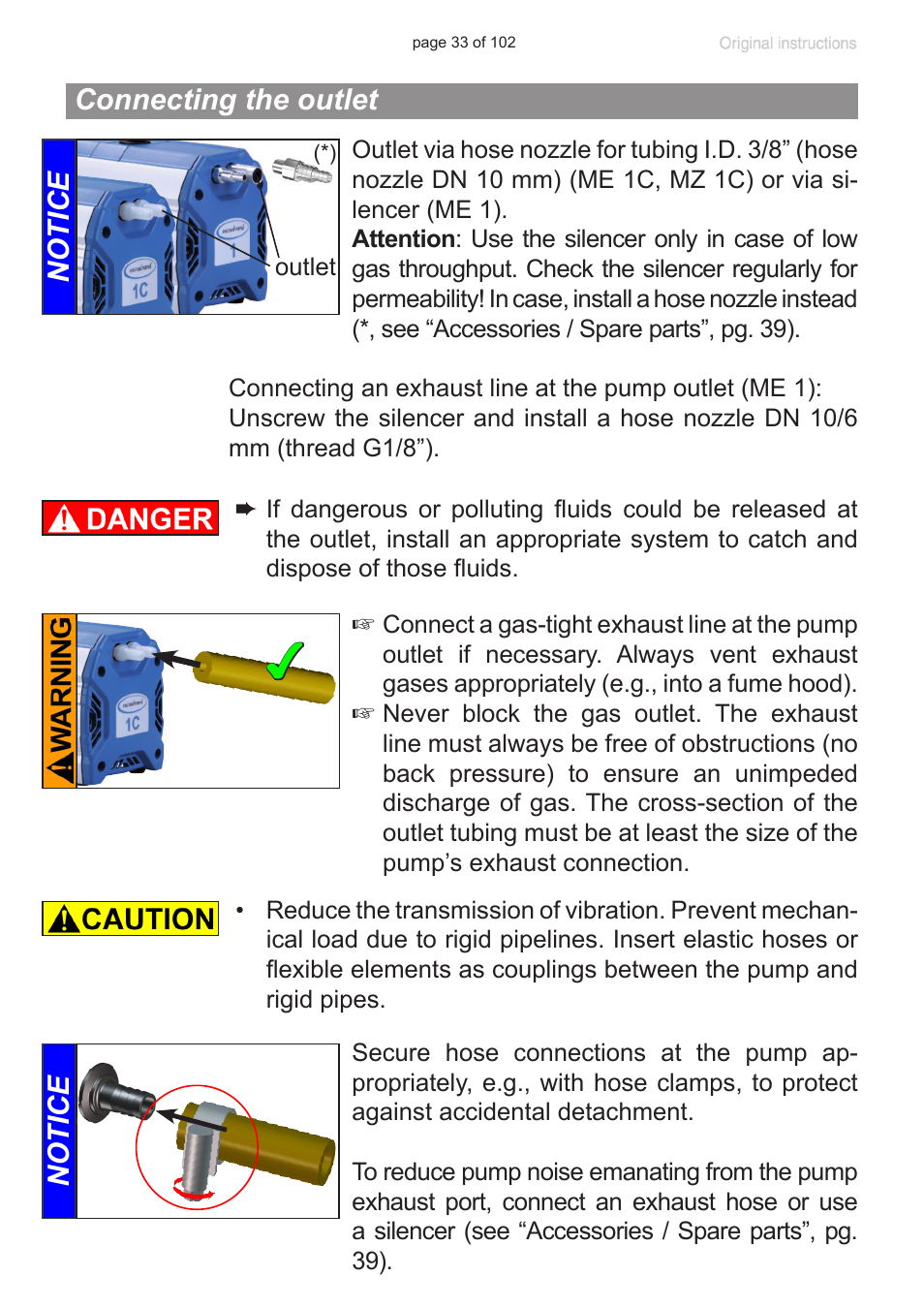 Connecting the outlet, Notice | VACUUBRAND MZ 1C User Manual | Page 33 / 102