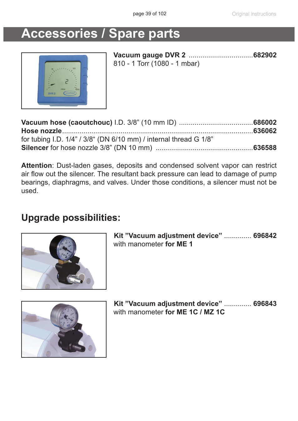 Accessories / spare parts, Upgrade possibilities | VACUUBRAND MZ 1C User Manual | Page 39 / 102