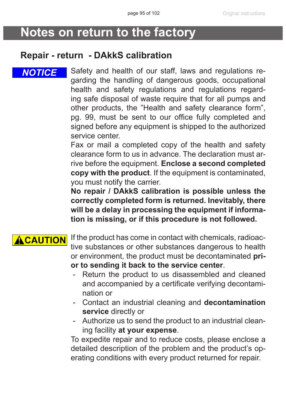 Notes on return to the factory, Repair - return - dakks calibration, Notice | VACUUBRAND MZ 1C User Manual | Page 95 / 102