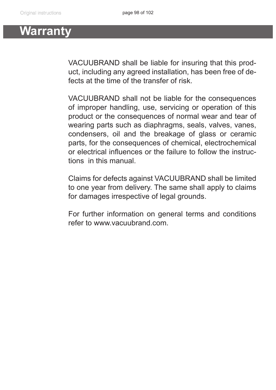 Warranty | VACUUBRAND MZ 1C User Manual | Page 98 / 102