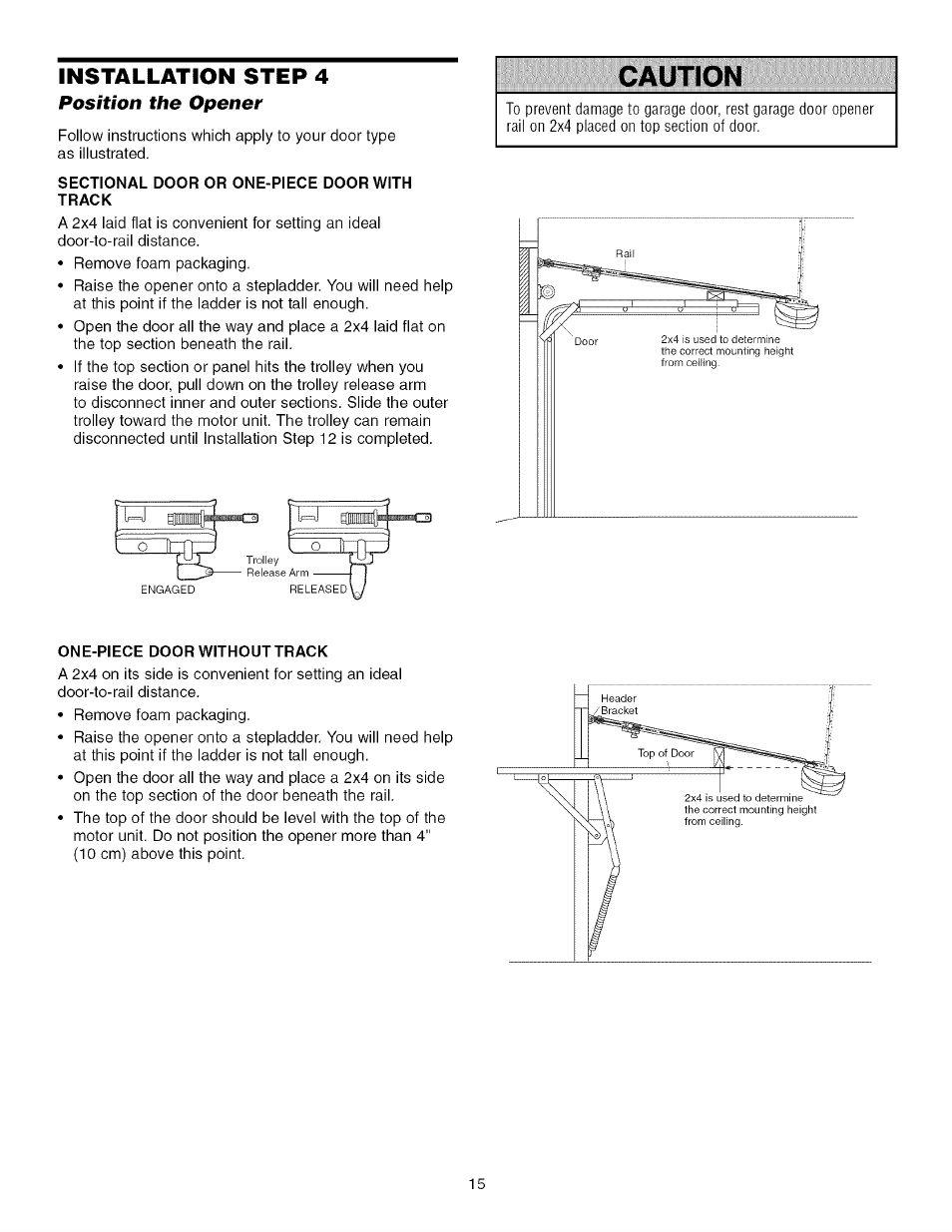 Installation step 4, Position the opener, Sectional door or one-piece door with track | One-piece doorwithouttrack, Caution | Craftsman 139.53918d User Manual | Page 15 / 79