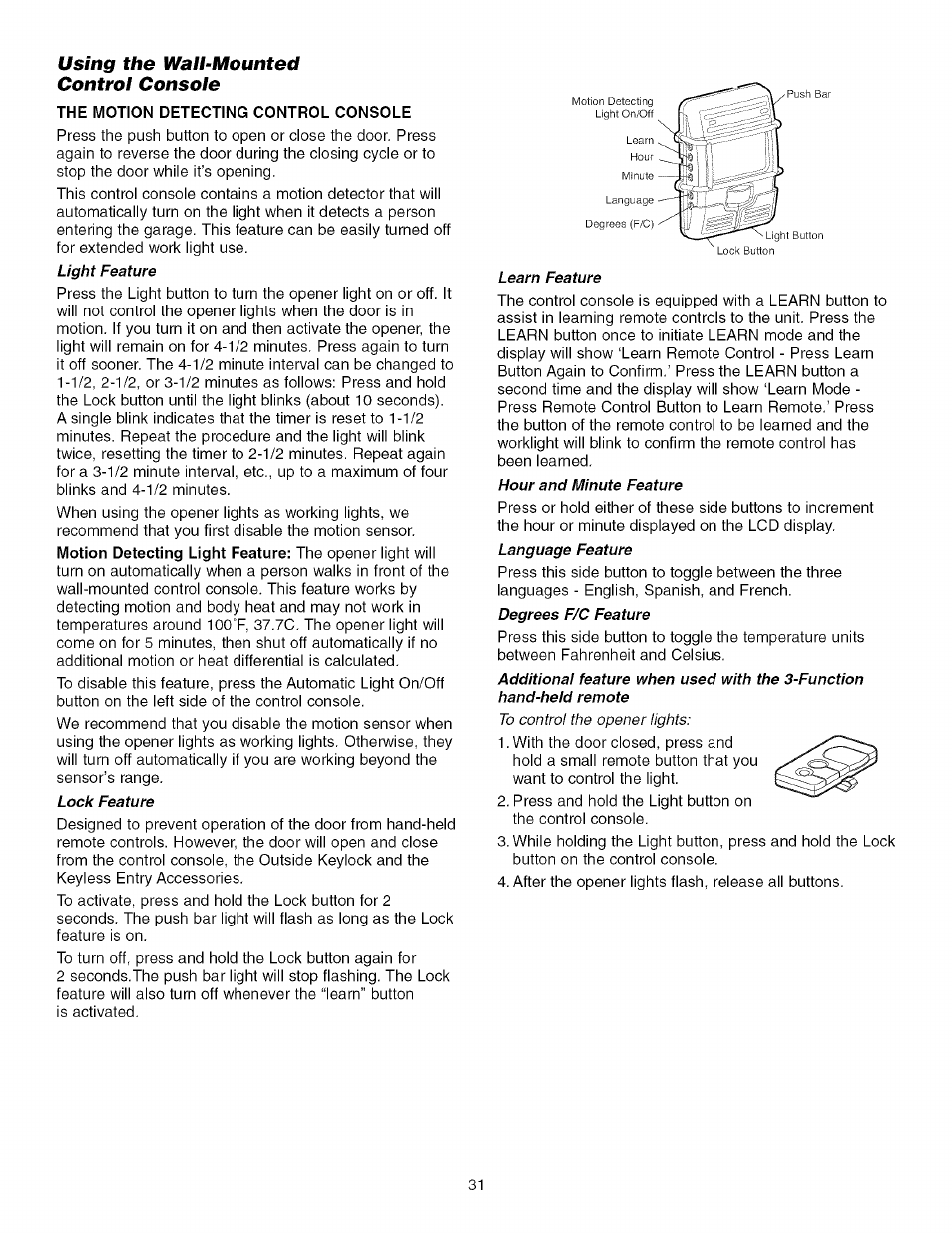 Using the wall-mounted control console, The motion detecting control console | Craftsman 139.53918d User Manual | Page 31 / 79