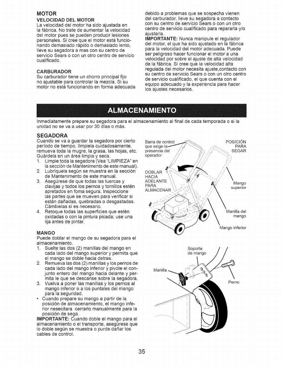 Almacenamiento, Segadora, Almacenamiento -36 | Craftsman 917.374941 User Manual | Page 35 / 48