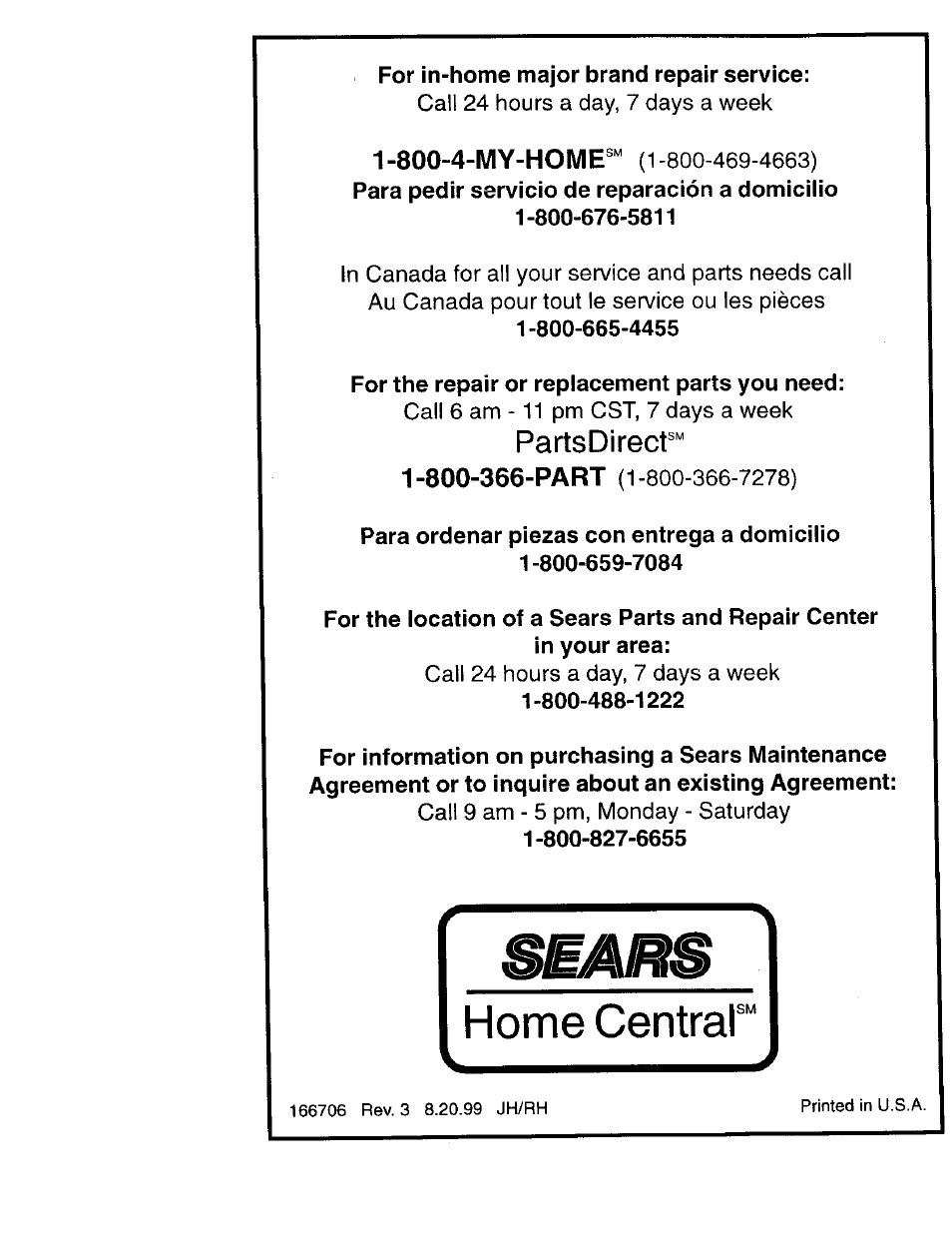 Home central, Partsdirecf, 800-4-my-home | Craftsman 917.270660 User Manual | Page 60 / 60