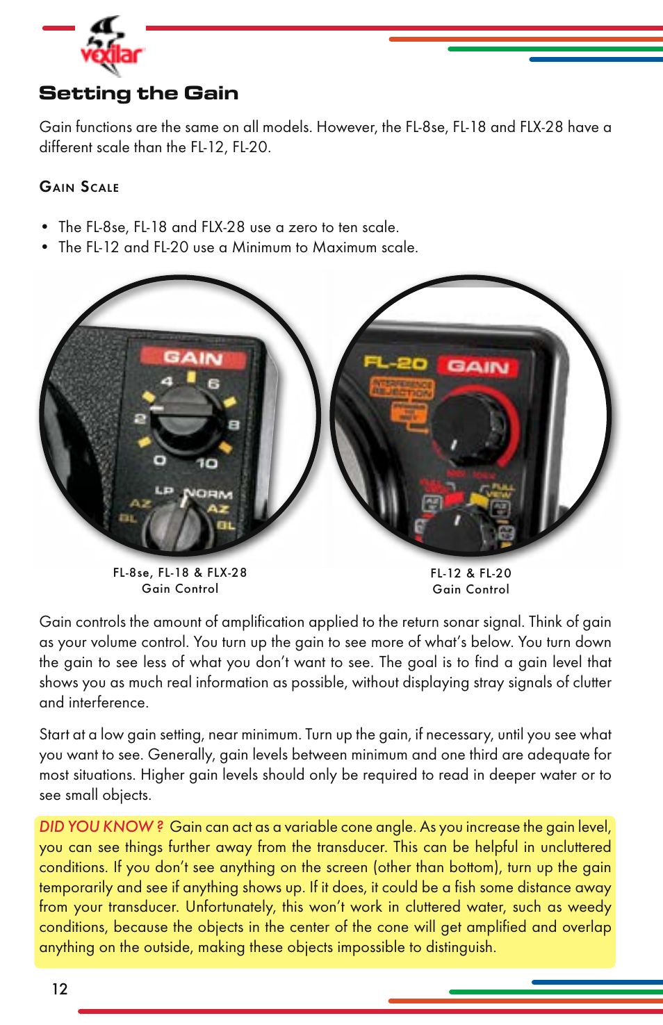 Setting the gain | Vexilar Flasher Family 2013 User Manual | Page 12 / 64