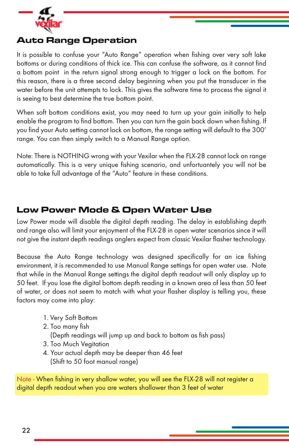 Auto range operation, Low power mode & open water use | Vexilar Flasher Family 2013 User Manual | Page 22 / 64