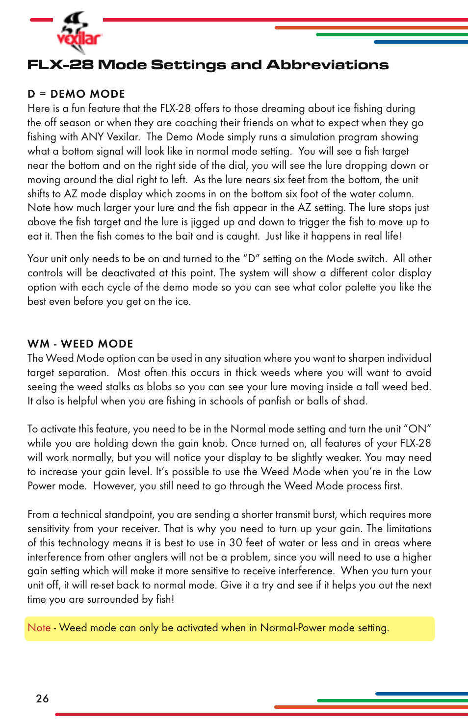 Flx-28 mode settings and abbreviations | Vexilar Flasher Family 2013 User Manual | Page 26 / 64