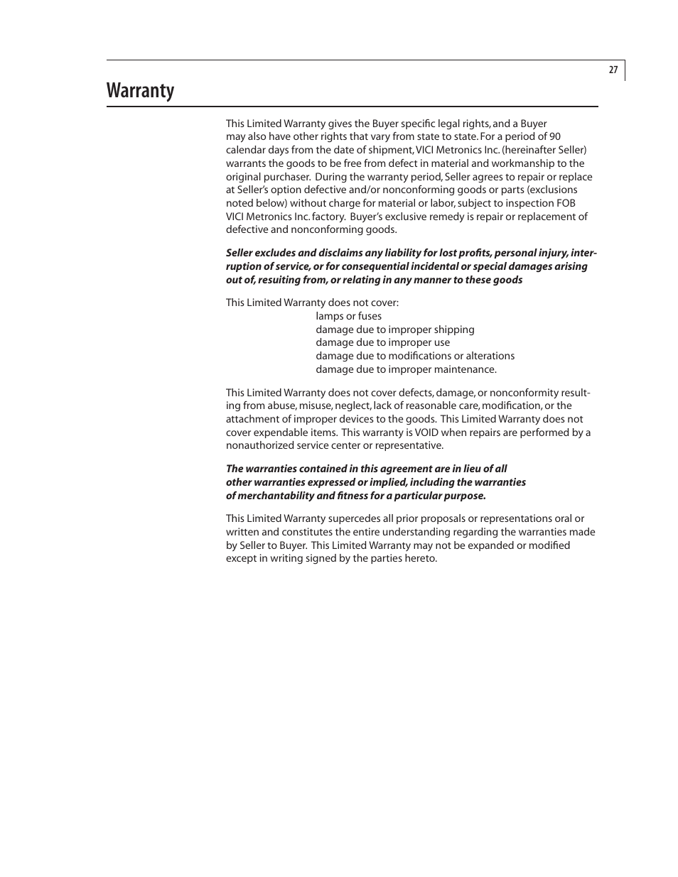 Warranty | VICI Dynacalibrator 345 User Manual | Page 31 / 31