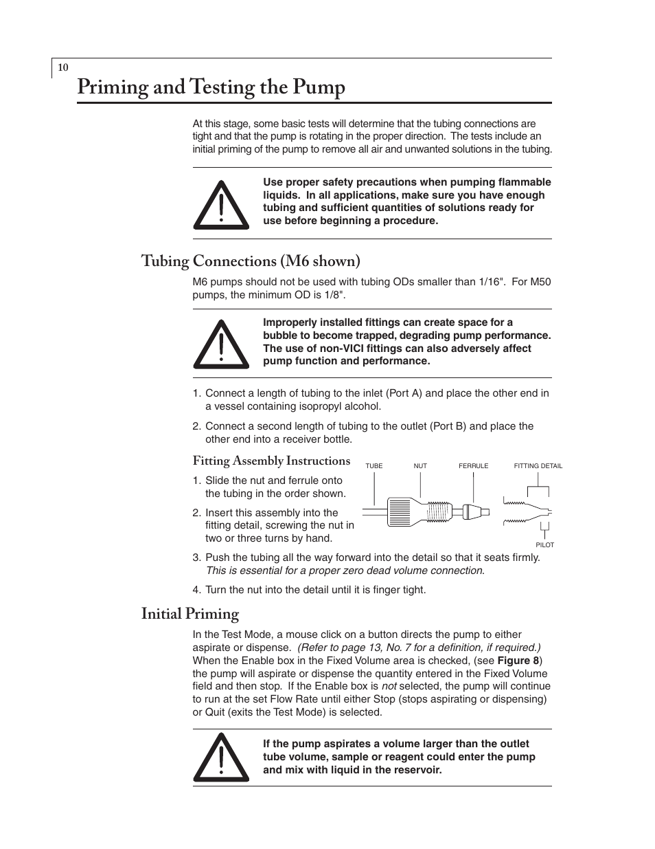 Priming and testing the pump, Tubing connections (m6 shown), Initial priming | VICI M50 User Manual | Page 14 / 34