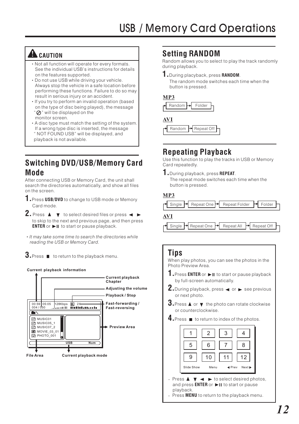 Setting random, Tips, Repeating playback | Caution | Vizualogic RoadTrip Elite 9 User Manual | Page 13 / 32