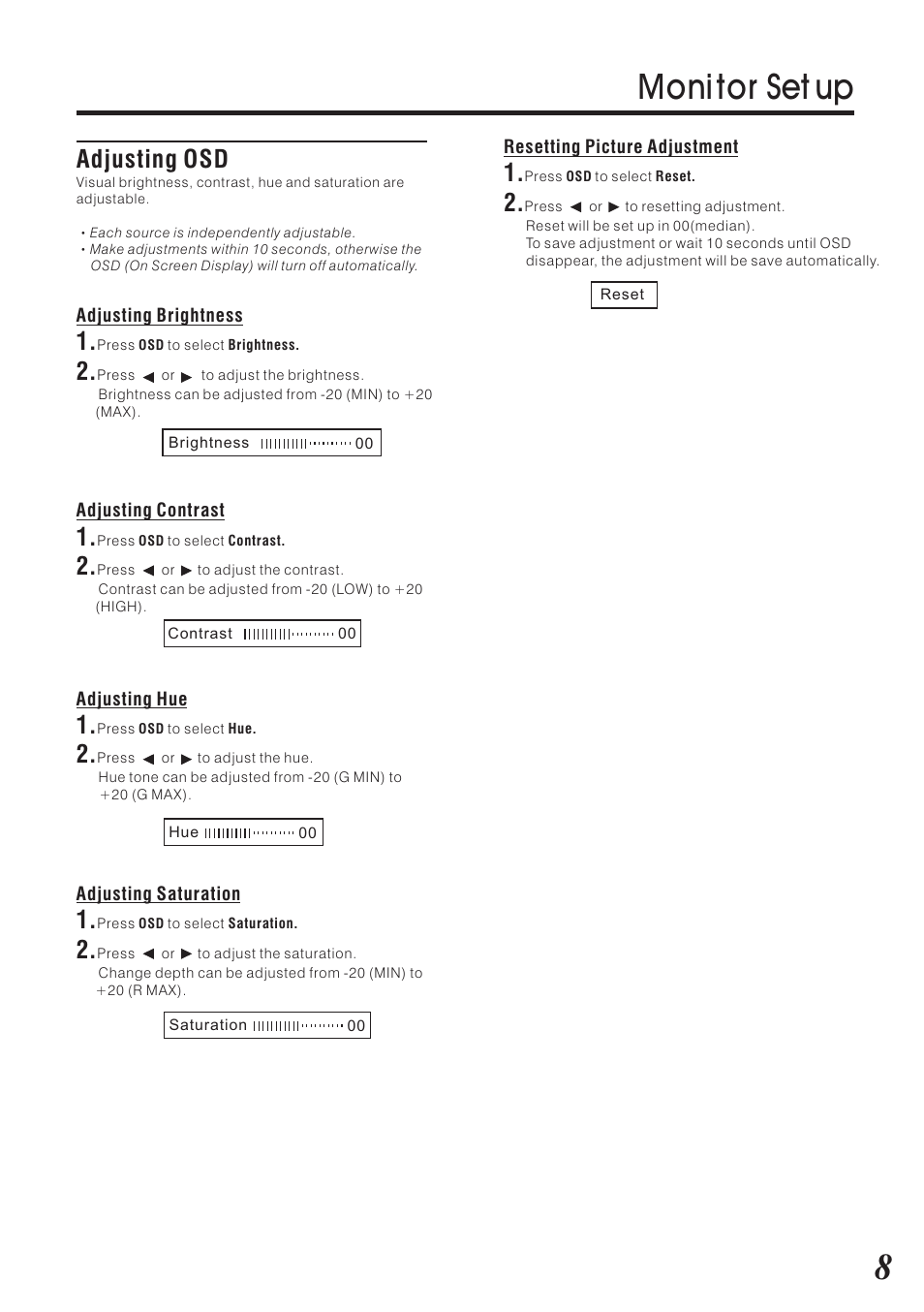 Moni tor set up, Adjusting osd | Vizualogic RoadTrip Elite 9 User Manual | Page 9 / 32