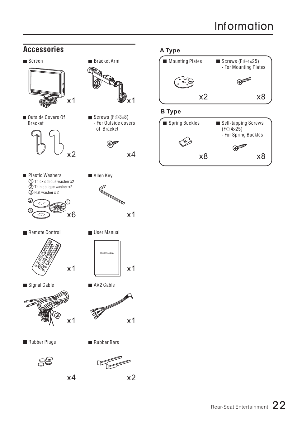 Inf ormation, X1 accessories, X2 x4 | X2 x8, A type, B type | Vizualogic RoadTrip Elite 8 User Manual | Page 23 / 28