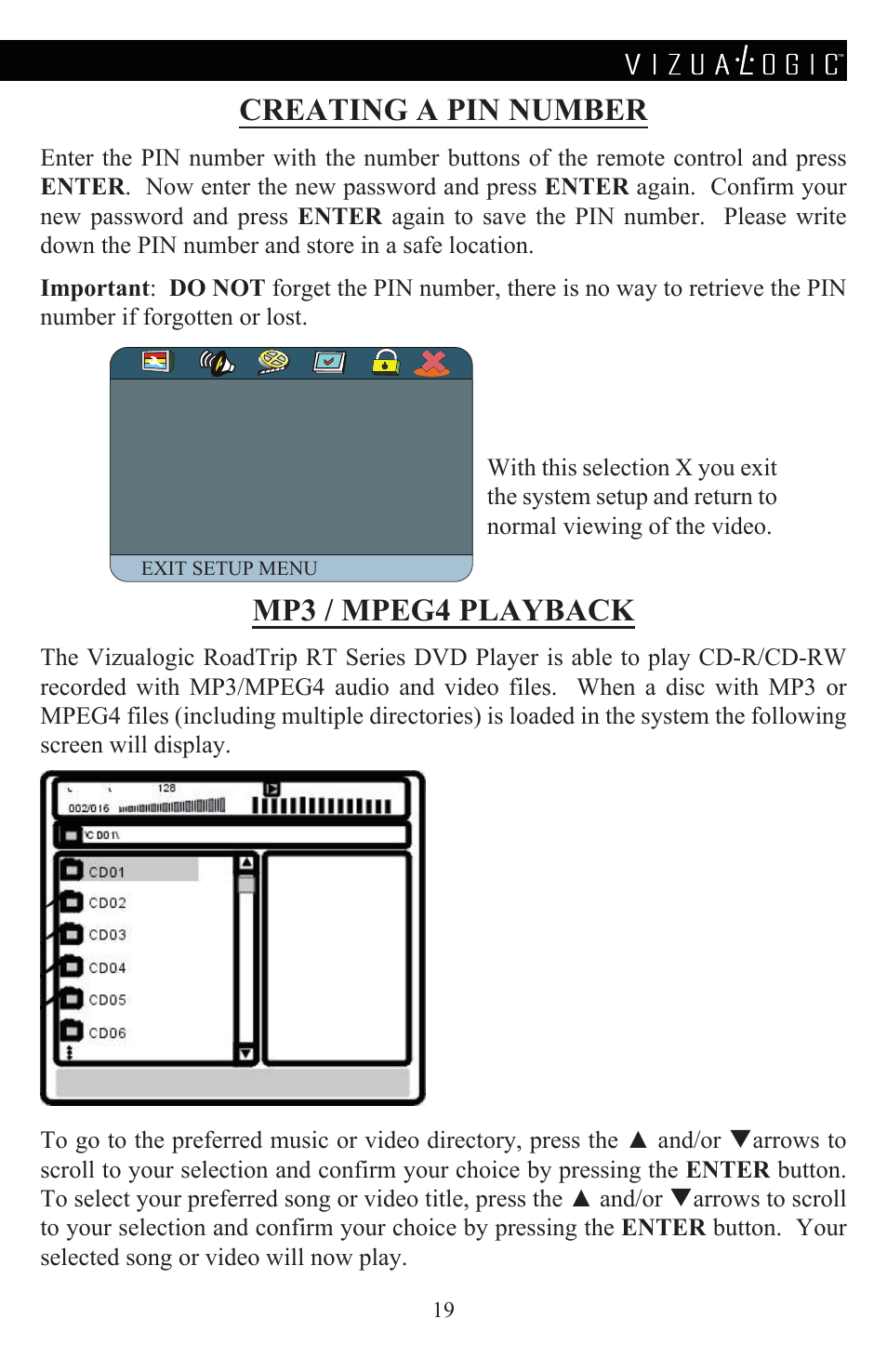 Creating a pin number, Mp3 / mpeg4 playback | Vizualogic A-1285 User Manual | Page 21 / 28