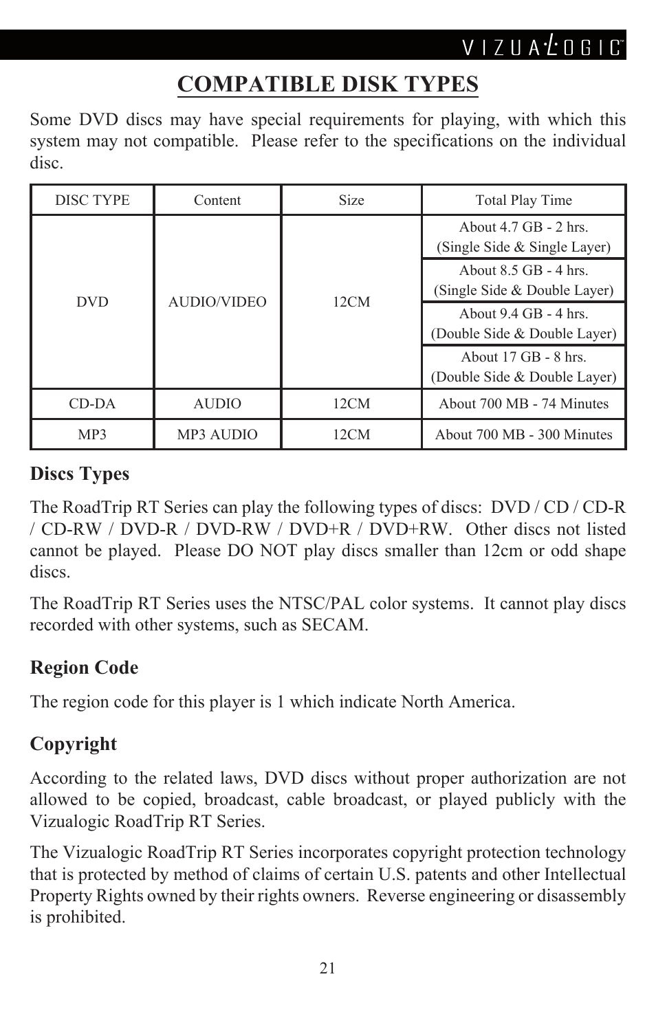 Compatible disk types, Discs types, Region code | Copyright | Vizualogic A-1285 User Manual | Page 23 / 28